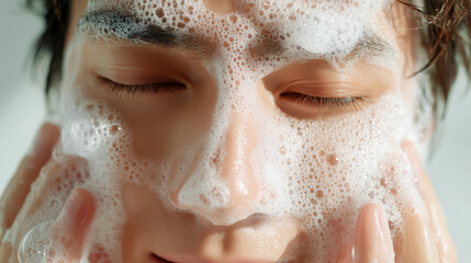 泡立つ洗顔フォームで洗顔中の若い男性｜室内バスルームでのリラックスした清潔感ある朝のスキンケア