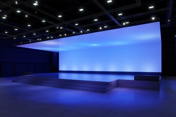 Empty stage Design for mockup and Corporate identity,Display.Platform elements in hall.Blank screen system for Graphic Resources.Scene event led night light staging.3d Background for online.3 render.