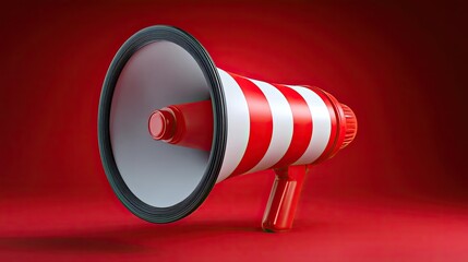 Red banner with megaphone and urgent message space concept. A vibrant red and white striped megaphone on a solid background.