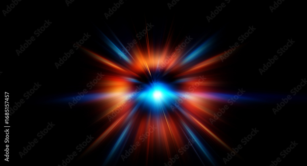 Poster circular abstract design with vibrant blue center and orange outer rings on a black backdrop. glowin