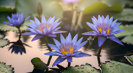 Blue Water Lilies Blooming in a Pond