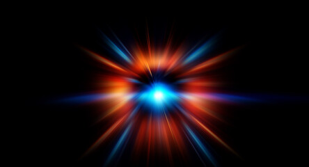 Circular abstract design with vibrant blue center and orange outer rings on a black backdrop.  Glowing radial lines emanate outwards creating a dynamic, futuristic effect.