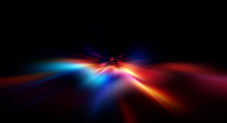 Abstract image of luminous waves flowing across a dark backdrop. Vivid colors blend smoothly, creating a dynamic and energetic visual effect with bright light trails and glowing particles.