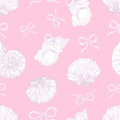 Pastel Seashell Bow Pattern, Watercolor Ocean Shells and Ribbons, Cute Nautical Seamless Digital Paper for Scrapbooking PNG