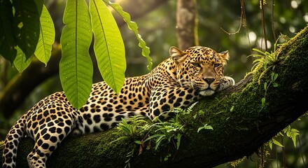 Obraz premium Majestic leopard resting peacefully on a moss-covered branch in a lush rainforest, bathed in dappled sunlight