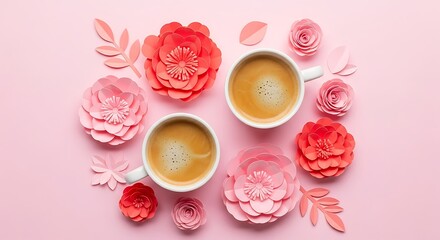 Enjoying a warm coffee break surrounded by vibrant paper flowers and a soft pink aesthetic