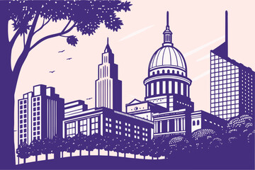 Fototapeta premium Elegant cityscape illustration featuring classic and modern architecture in a stylized graphic design with a tree silhouette adding a natural touch to the urban environment