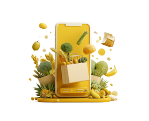 Untitled design - digital art of an online grocery shopping app, featuring images of groceries stemming out from the screen and into paper bags. the scene includes yellowish colors.