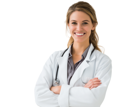  female doctor smiling with arms crossed, isolated on a transparent background.  - Powered by Adobe