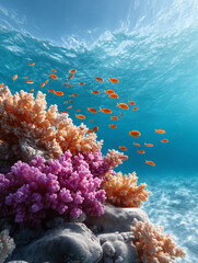 Naklejka premium Underwater shot showcasing vibrant coral reefs teeming with small, colorful fish in crystalclear turquoise water. Ideal for ocean conservation, travel, or marine biology themes.