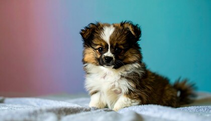 Cute puppy, light-brown, white, and dark fur, sitting on a soft blanket against a gradient background