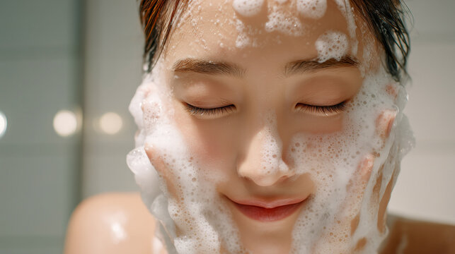 洗顔中の女性&mdash;泡だらけの顔を近距離で捉えた浴室ポートレート、リラックスした穏やかな表情