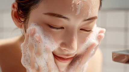 泡立つ洗顔をする女性の近接ショット｜バスルームでリラックスするスキンケア風景