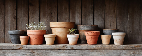 Fototapeta premium Rustic garden display featuring terracotta pots of varying sizes on a wooden shelf against a weathered wood background. Symbolizing growth, nature, and home gardening.
