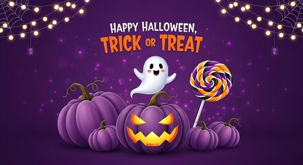 Spooky Halloween fun with grinning pumpkins, a cute ghost, and colorful candy, perfect for festive designs