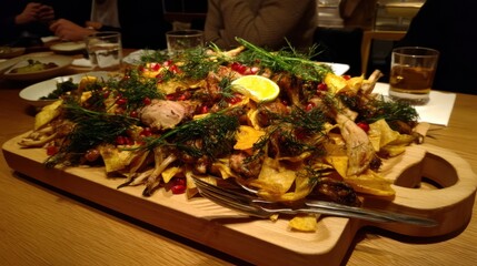 Delicious feast of roasted meat and vegetables local restaurant culinary delight warm atmosphere close-up view gastronomic adventure