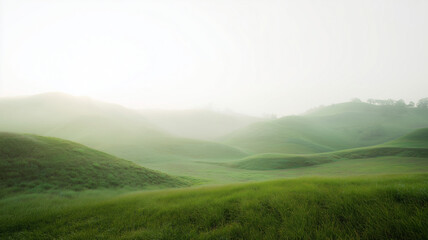 Rolling green meadow hill covered in morning mist with soft sunlight, serene landscape and gentle grass slope
