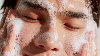 自宅の洗面台で洗顔中の若い男性、泡立つ顔アップ・清潔感とリラックス感のスキンケアシーン