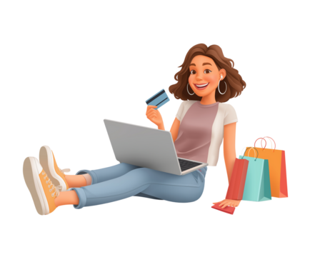  a woman lying on the floor with a laptop, holding a credit card in one hand and shopping bags near her leg, with a smiling face, on a transparent background, in png format. 