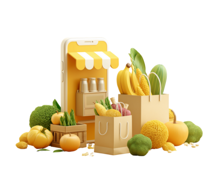 digital art of an online grocery shopping app featuring images of groceries stemming out from the screen and into paper bags. the scene includes yellowish colors and is isolated on a transparent - Powered by Adobe