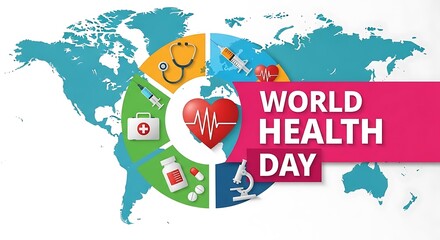 Celebrate global well-being with world health day awareness graphics featuring medical icons and a vibrant planet