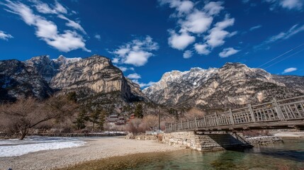 Majestic mountain landscape scenic river bridge nature photography winter wonderland panoramic view tranquil beauty