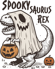 Spookysaurus Rex – Cute T-Rex Dinosaur in Ghost Costume Holding Pumpkin Bucket, Funny Halloween Illustration for Kids and Dinosaur Lovers