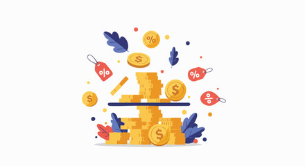 Fototapeta premium Vector illustration featuring gold coins and sale tags, conveying wealth and discounts. Decorative leaves and dots on a clean white background