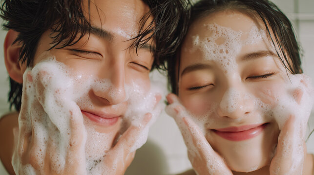 バスルームで泡洗顔を楽しむ男女の若者、朝のスキンケアルーティン・笑顔のアップショット