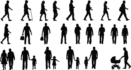 Black silhouettes of people in various poses, walking, standing, family groups, daily activities vector illustration for business, community design concepts