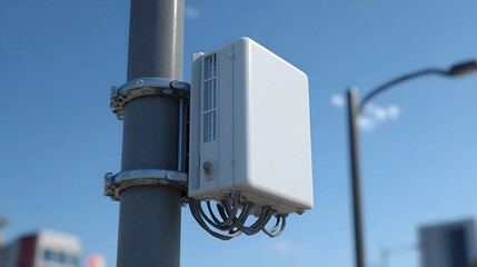 Modern 5g small cell antenna mounted on a streetlight pole providing urban wireless connectivity