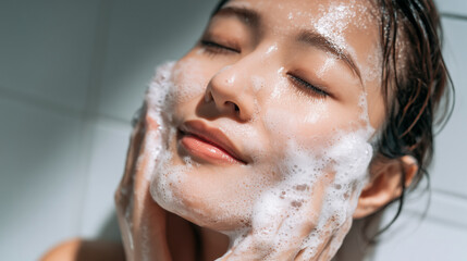 自宅のバスルームで泡洗顔をする女性｜朝のリラックスしたスキンケア・清潔感のある雰囲気