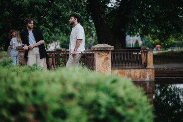 Two people engaged in conversation while standing near a bridge in a peaceful park. The lush greenery, water reflections, and relaxed stance indicate a friendly interaction in an outdoor environment.