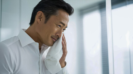 窓際でタオルを顔に当てる白シャツのビジネスマン・自然光の室内ショット・リフレッシュして安堵する爽やかな雰囲気