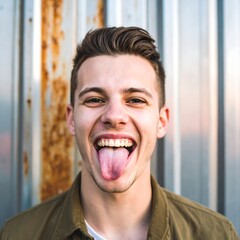 Young man with a happy expression, sticking out his tongue