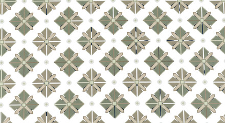 Fototapeta premium Elegant geometric diamond pattern with muted green and gray starburst motifs on a white background perfect for modern interior design.