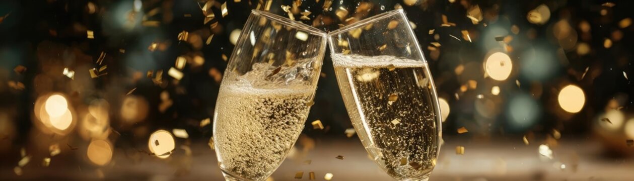 Two champagne glasses with confetti and lights concept. Two glasses clinking together with sparkling champagne and confetti.
