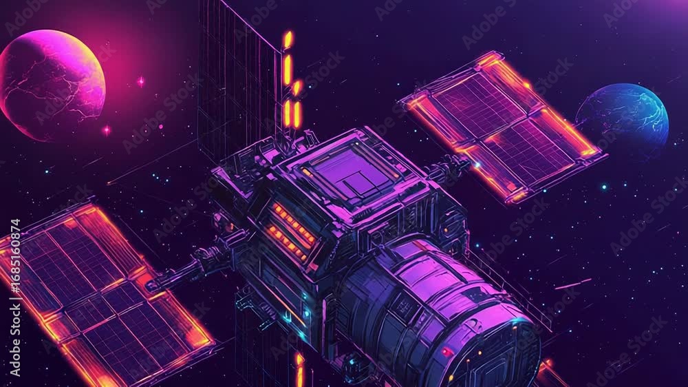 Poster satellite orbiting planets with solar panels deploying in deep space