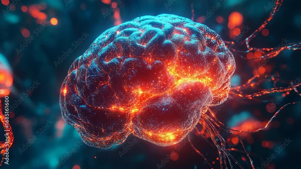 Poster glowing brain showing neural network communicating and thinking
