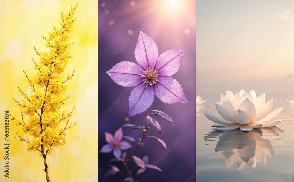 Poster sunlight illuminates a close-up of delicate, frosted purple and white petals displaying a symmetrica