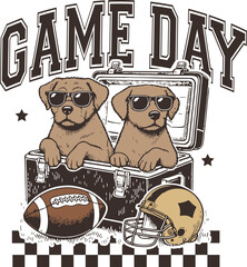 Game Day – Two Cute Puppies Wearing Sunglasses in Cooler with Football and Helmet, Funny Fall Sports Illustration for Dog Lovers and Game Day Fans