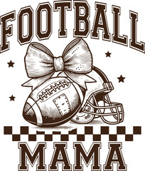 Football Mama – Vintage Football and Helmet Illustration with Feminine Bow and Checkered Design, Retro Sports Graphic for Proud Moms and Game Day Apparel