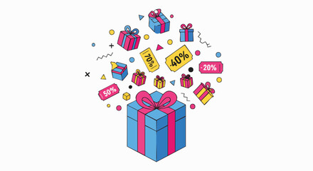 Gift box explosion with discount tags. Perfect for sales, promotions, and holiday marketing
