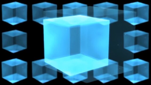 An abstract visualization of quantum superposition, showing a glowing cube simultaneously rotating in multiple directions with overlapping ghost-like versions.