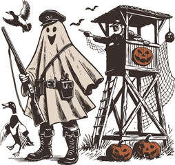 Halloween Duck Hunting Ghost – Spooky Hunter in Ghost Costume with Shotgun and Ducks, Vintage Halloween Scene with Pumpkin and Watchtower