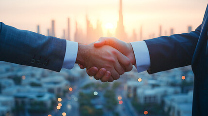 A handshake between two businessmen with dubai skyline in the background, symbolizing uae economic growth and investment opportunities