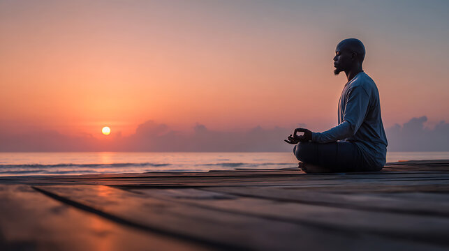 A calm and focused individual practicing yoga by the beach at sunrise, in the midst of a wellness journey (3) - Powered by Adobe