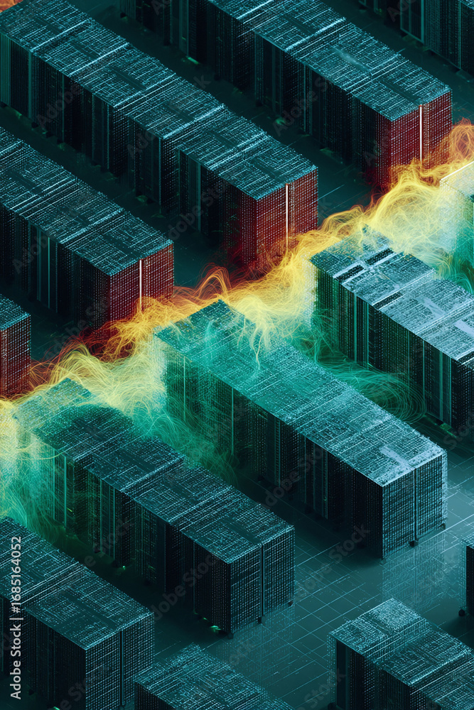 Poster futuristic tech. data center servers with glowing data streams. illustrates big data, ai, cloud comp