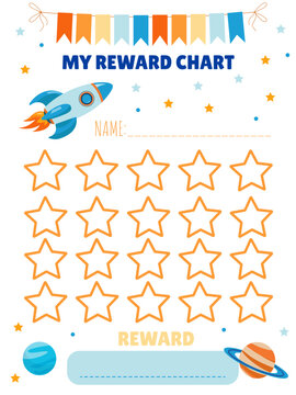 Achievement tracking chart for children with a space-themed prize featuring a rocket and stars in a simple style
