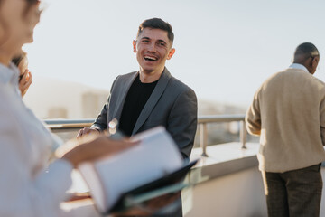 A group of business colleagues engage in a lively brainstorming session on a high tower balcony,...